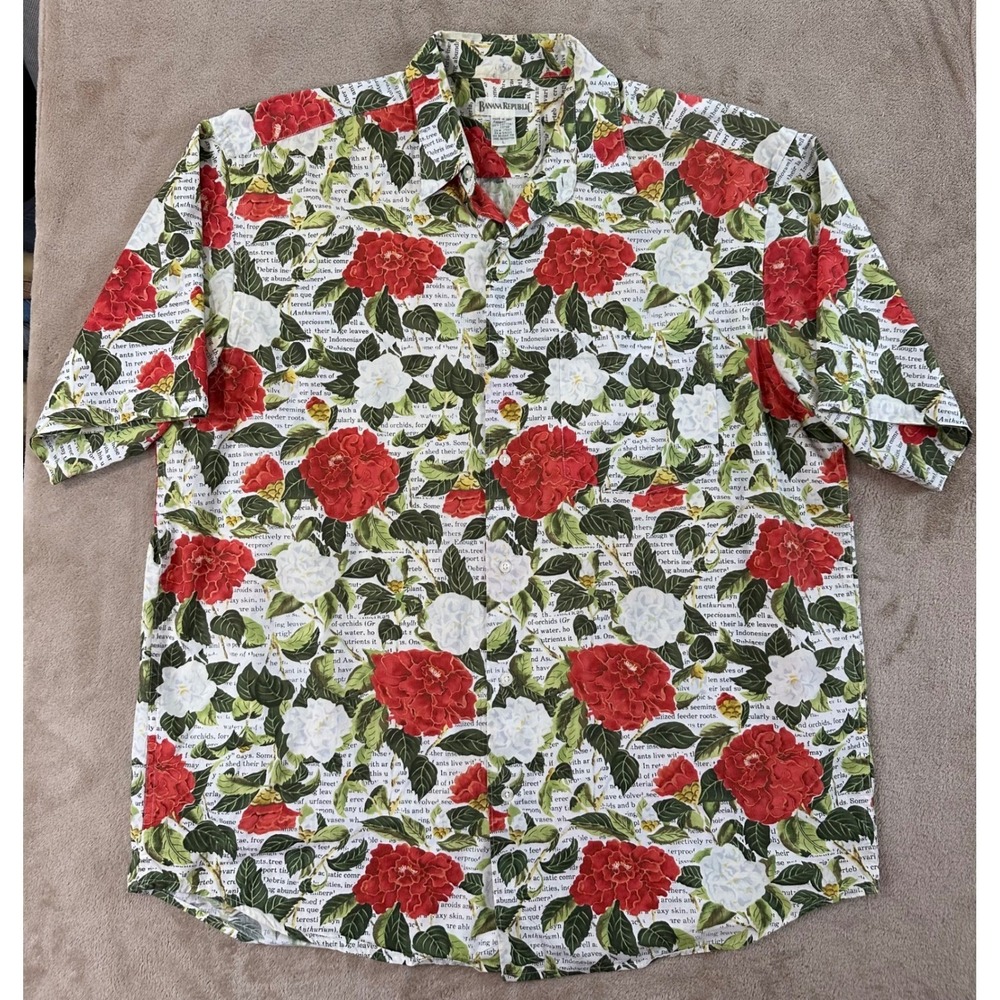 Vintage Banana Republic Roses Floral Newspaper AOP Print Shirt Men L Red S/S EUC